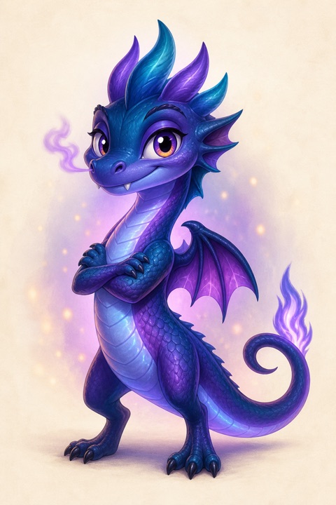 Cinder — a confident blue and purple dragon with arms crossed