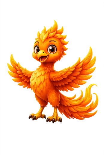 Cassia the phoenix, Ember stage — a glowing orange firebird with wings spread